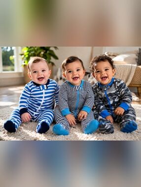 3-Pack Baby Footed Pajamas 0-3M Onesies Brand Blue Stripe Camo Bundle #2183